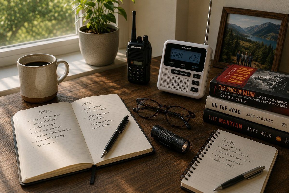 The Quiet Readiness desk — a NOAA weather radio, a handheld, a notebook of article ideas, and a mug of coffee by the window.