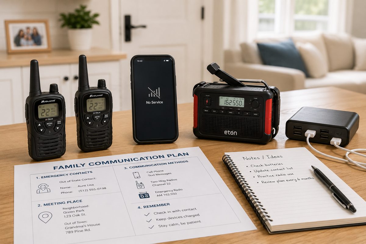 A one-page family communication plan, two-way radios, and a weather radio cover most scenarios.