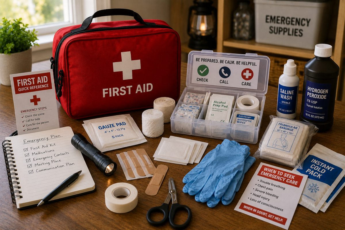 A stocked, organized first-aid kit with the contents laid out and labeled.