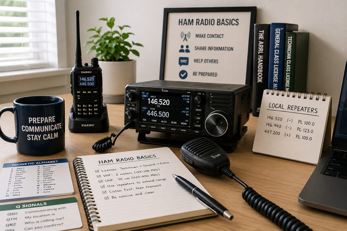 A handheld, a base radio, a cheat sheet of local repeaters — a beginner ham station doesn’t need to be elaborate.