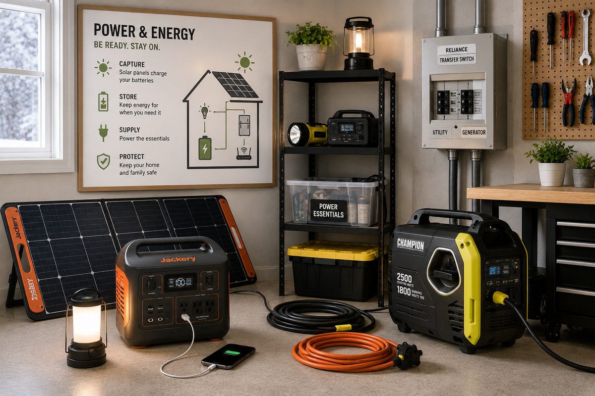 The basic loop: capture, store, supply, protect. Solar in, battery middle, essentials out.