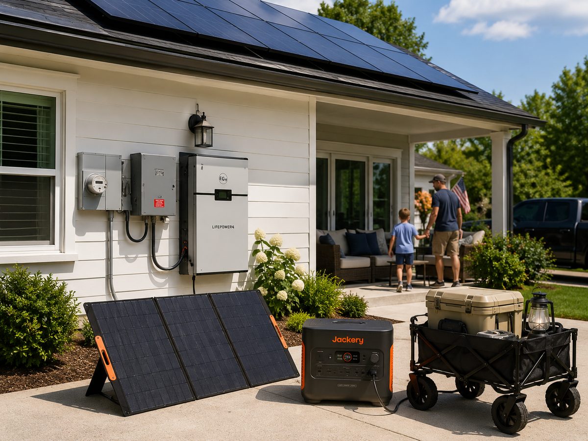 A portable panel plus a power station: indoor-safe, refuel-free, and quiet enough to use anywhere.