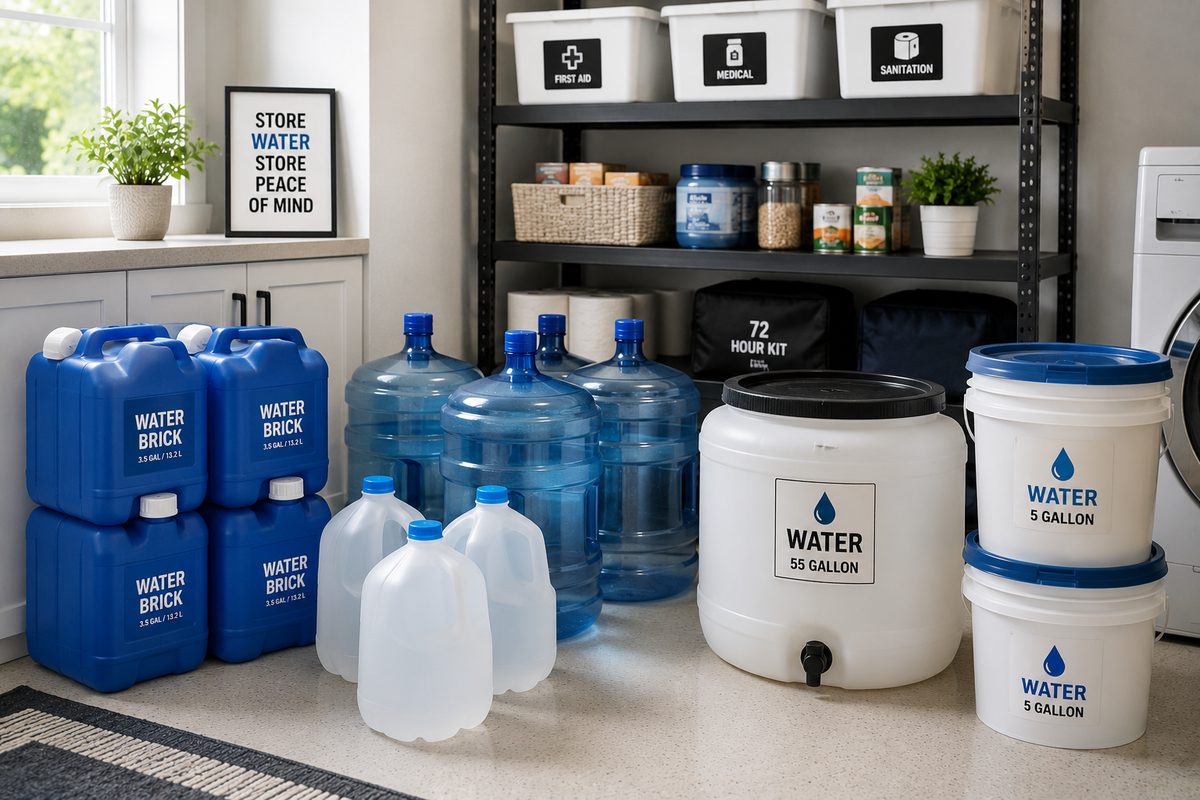 A mix of containers — jugs, stackable bricks, and a larger barrel — makes storage flexible and stackable.